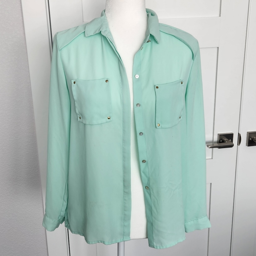 * Mint Green Sheer Button Up Top